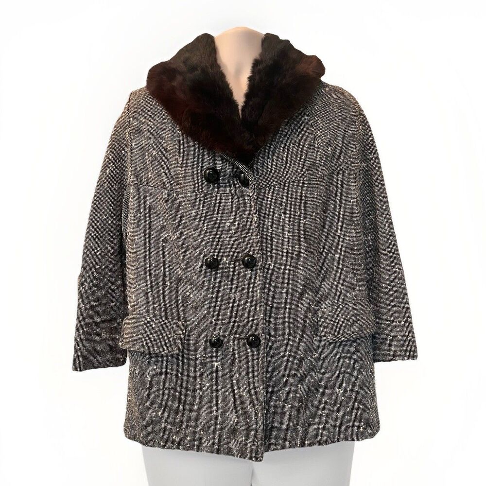 VTG Tweed Faux Fur Collar Menswear Quilted Lined Car Coat Womens M/L Black White